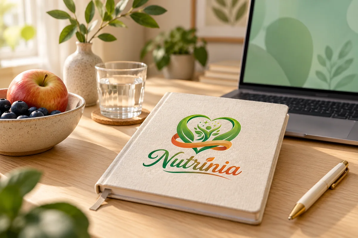 Carnet Nutrinia dans un espace de travail chaleureux, photographie de marque générée.