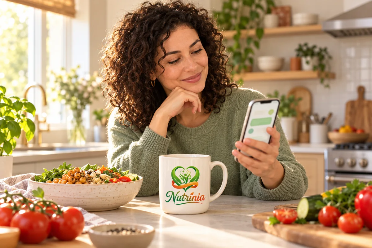 Scène illustrative générée : une personne échange avec un assistant sur son téléphone pendant la préparation d’un repas, avec une tasse Nutrinia.