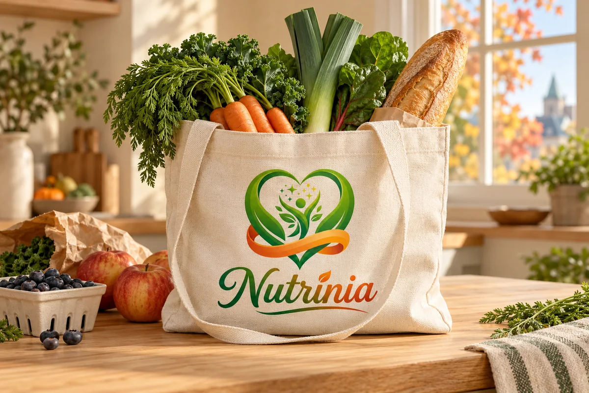 Photographie de marque générée : sac en coton au logo Nutrinia rempli de légumes, avec pommes et bleuets.