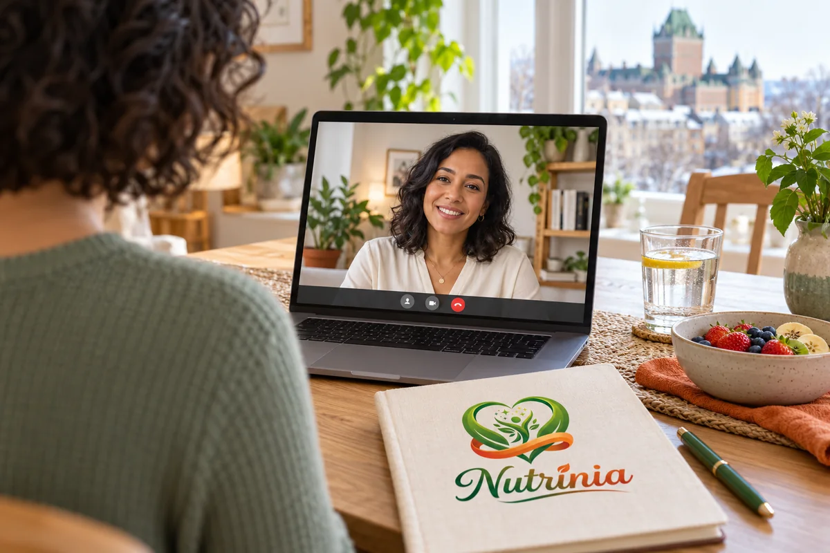 Scène illustrative générée : consultation vidéo avec une nutritionniste fictive, un carnet Nutrinia au premier plan.