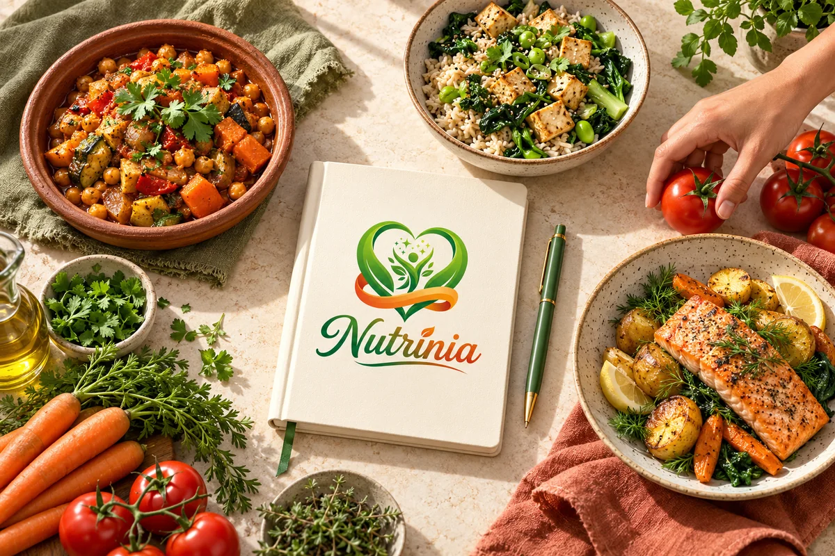 Illustration générée : plusieurs cuisines autour d’un carnet Nutrinia, pour évoquer les choix alimentaires personnels.