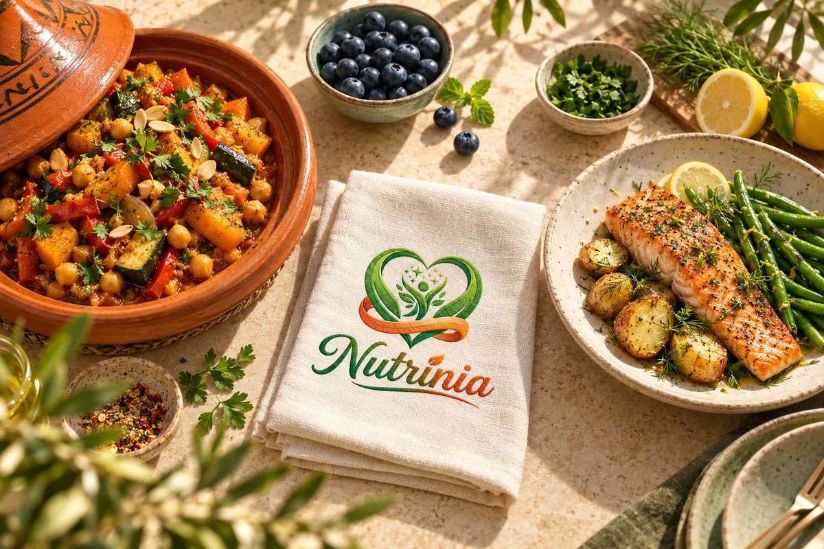 Photographie de marque générée : tajine, saumon et bleuets autour d’une serviette au logo Nutrinia.