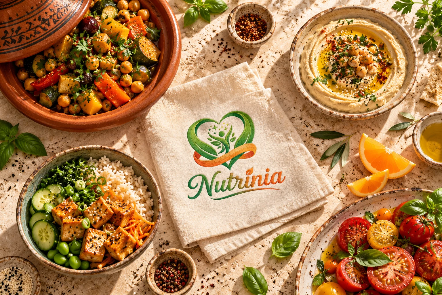 Tajine, houmous et plats colorés autour du logo Nutrinia